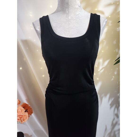 Boston Proper Slinky Stretch Knit Scoop Ruched Midi Travel Dress Size XS Black - Picture 5 of 9